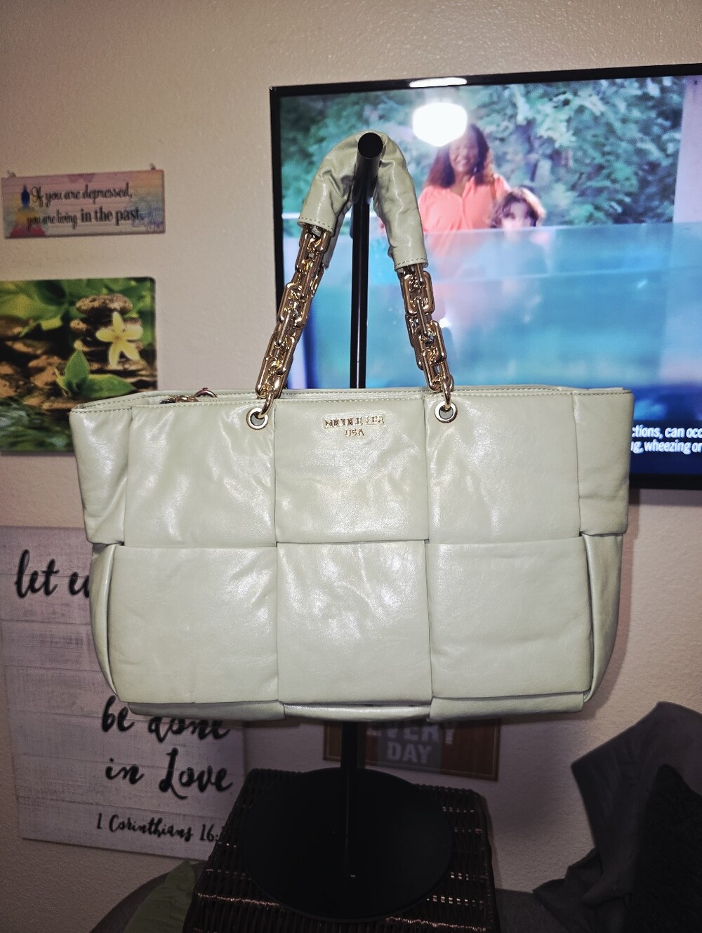 NWT Sage Green Quilted Tote Bag with Gold Faux Chain Handles By Nicoke Lee